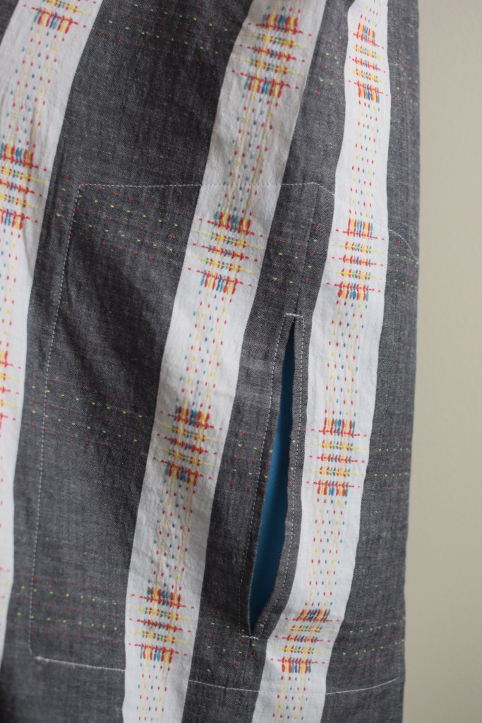 a closeup of the topstitching on the pocket.