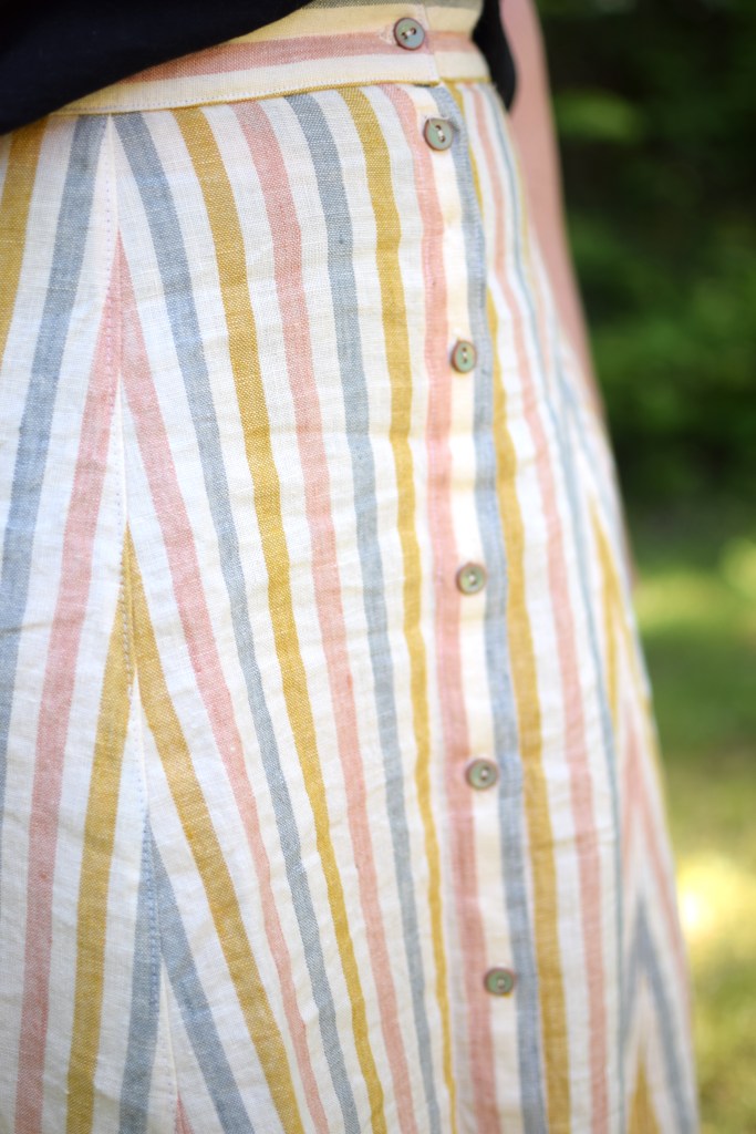 a striped Fumeterre skirt from Deer and Doe with pretty blue buttons.