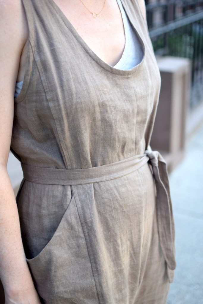 a closeup of a woman wearing a homemade elizabeth suzann clyde jumpsuit